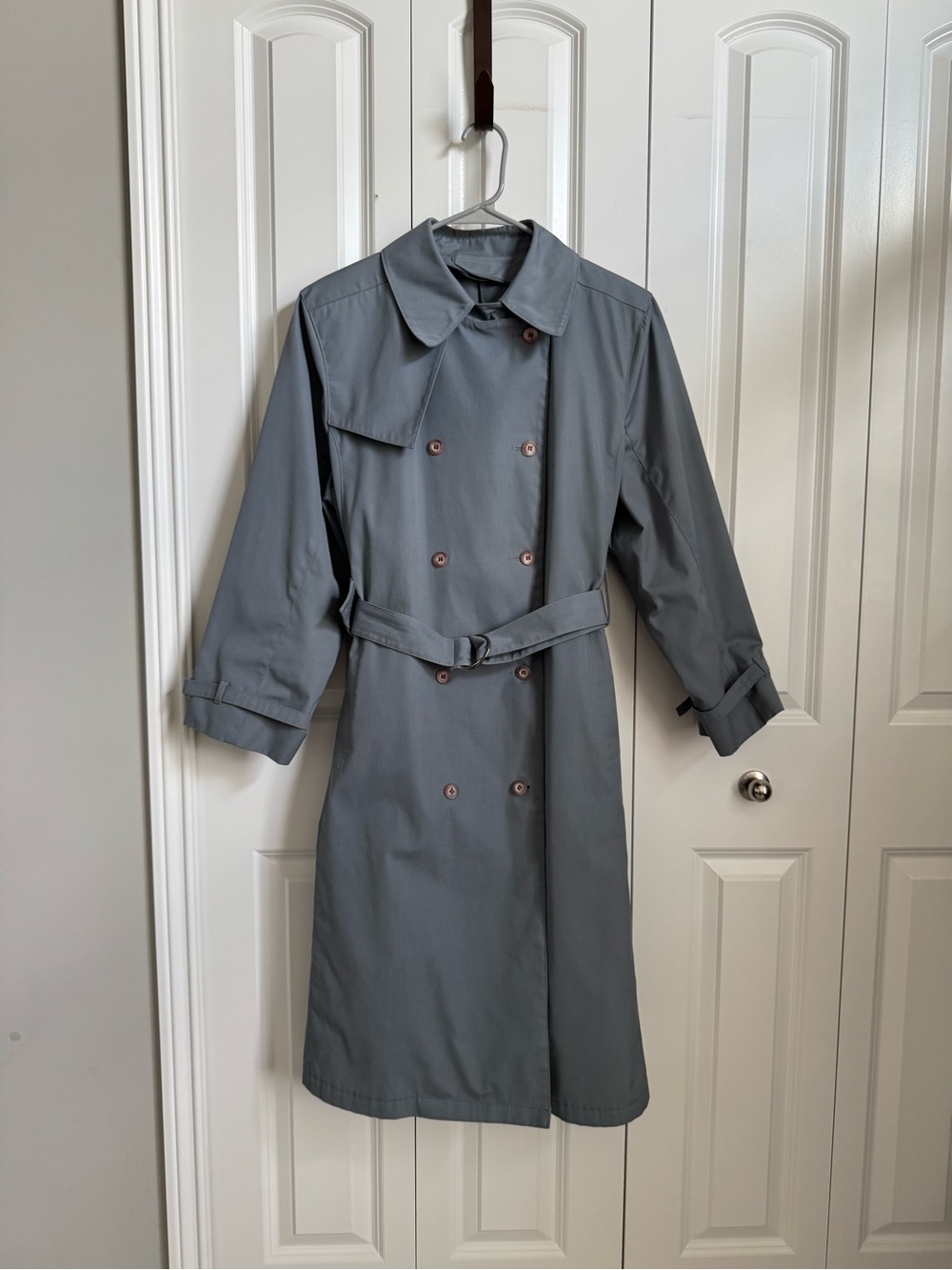 London Fog Vintage Double-Breasted Trench Coat with Belt in Dusty Blue
